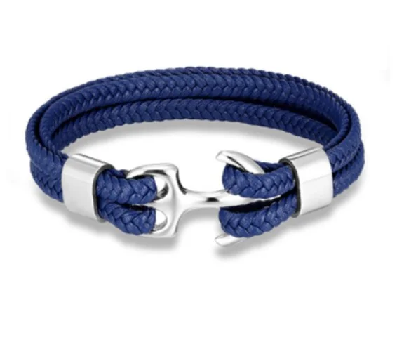 Canyon Lake Leather Rope Chain Anchor Bracelet, Navy / Silver