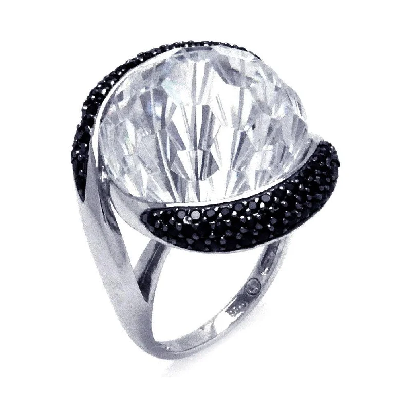 Clearance-Silver 925 Rhodium and Black Rhodium Plated 2 Toned Black and Large Clear Center CZ Ring - BGR00292