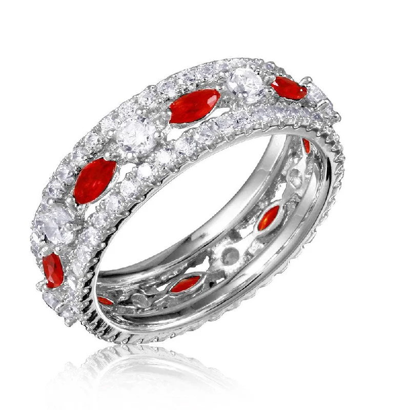 Silver 925 Rhodium Plated Band Encrusted with Clear and Red CZ Stones - GMR00133R