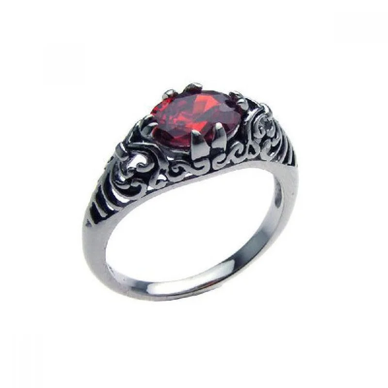 Silver 925 Oxidized Rhodium Plated Red CZ Antique Ring - STR00611