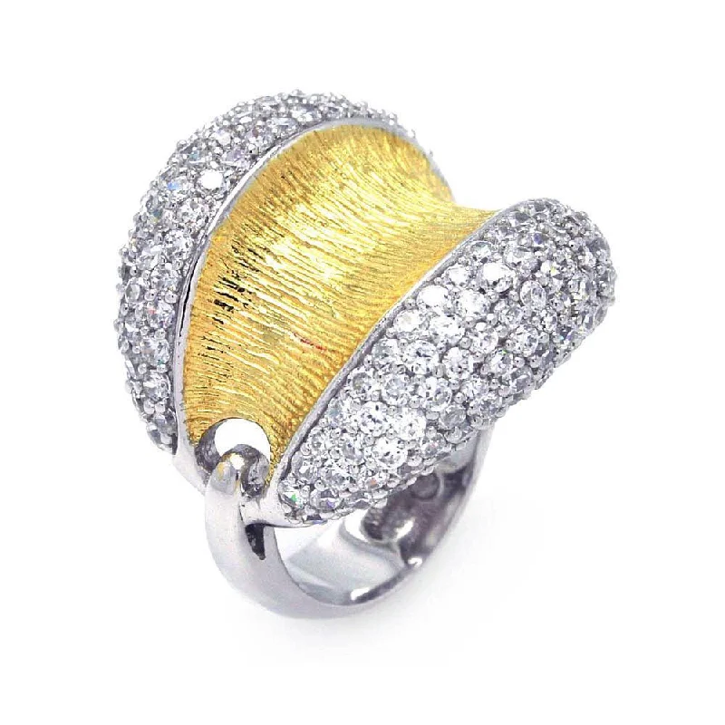 Silver 925 Rhodium and Gold Plated 2 Toned Clear Pave Set CZ Open Dome Ring - BGR00326