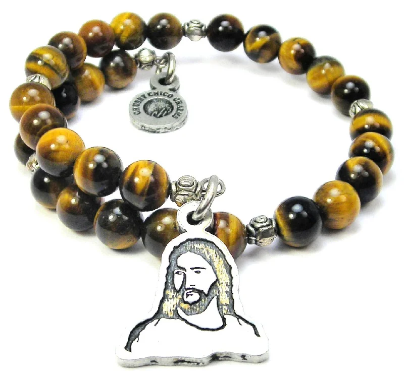 Side Look Jesus Portrait Tiger's Eye Glass Beaded Wrap Bracelet