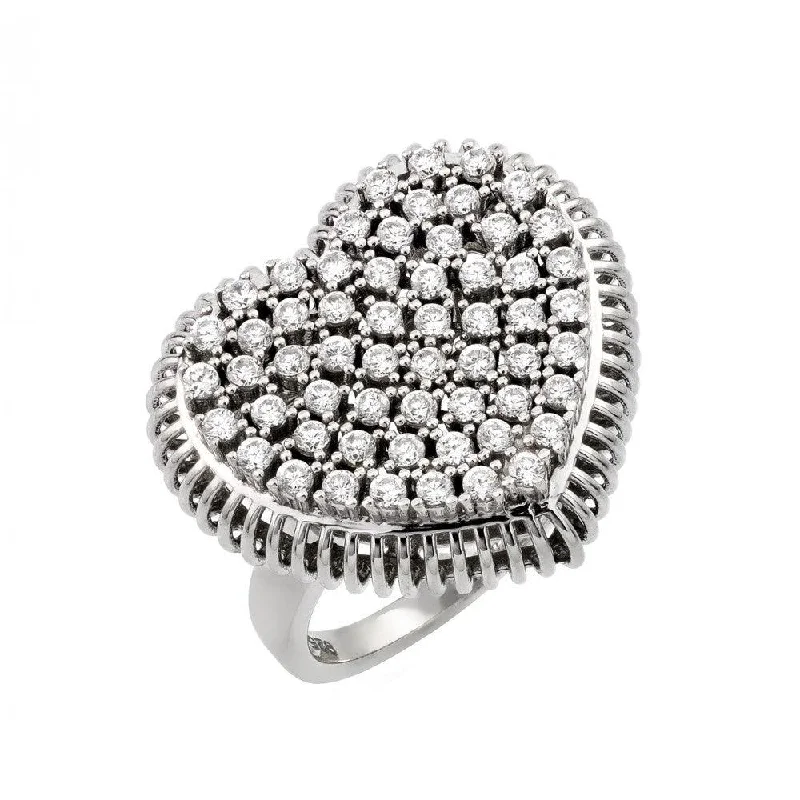 Silver 925 Rhodium Plated Pave Set Clear CZ Heart Ring - GMR00021