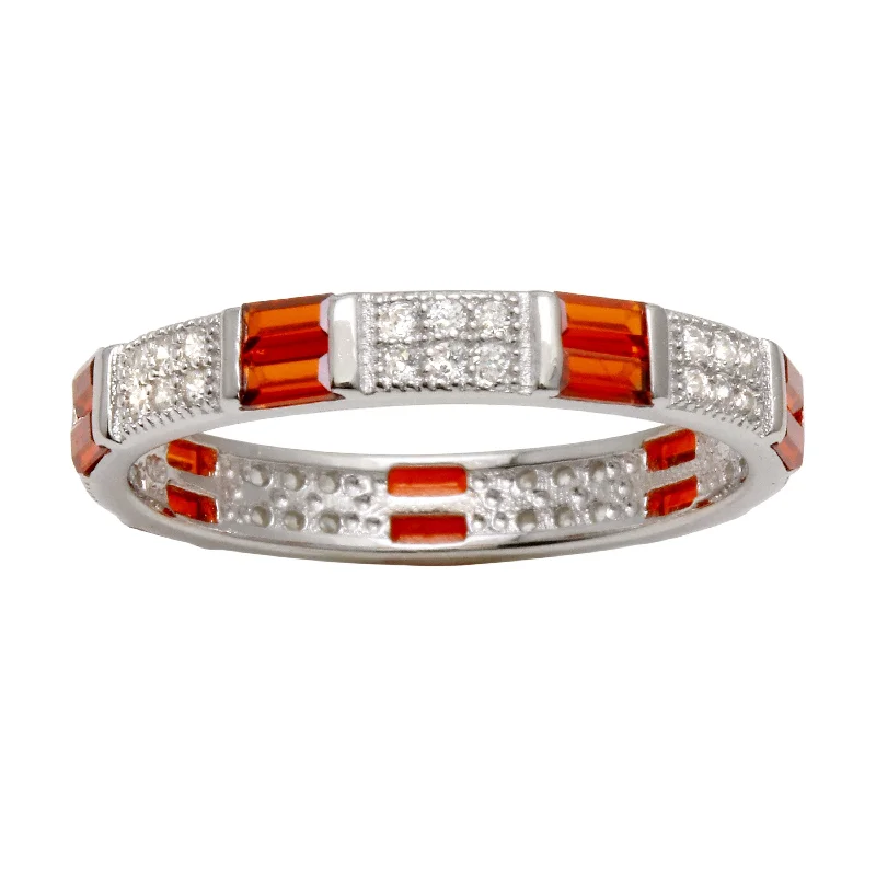 Rhodium Plated 925 Sterling Silver Pattern Eternity Ring with Red and Clear CZ - BGR01177RED