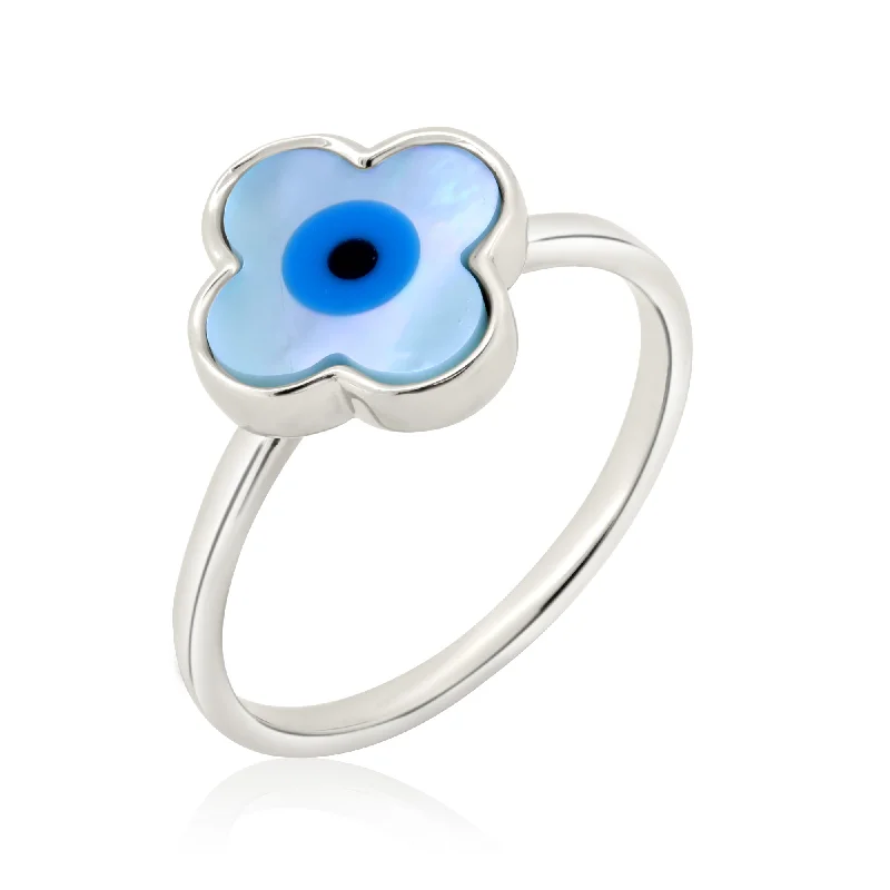 Rhodium Plated 925 Sterling Silver Flower Eye Mother of Pearl Ring - AAR0090