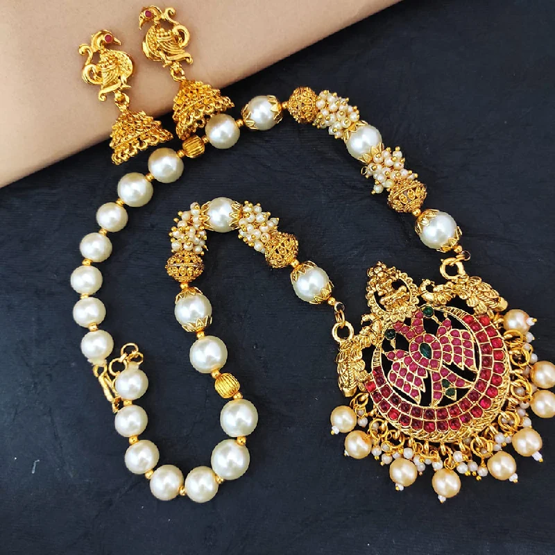 Heera Jewellers Gold Plated Pota Stone Temple Necklace Set