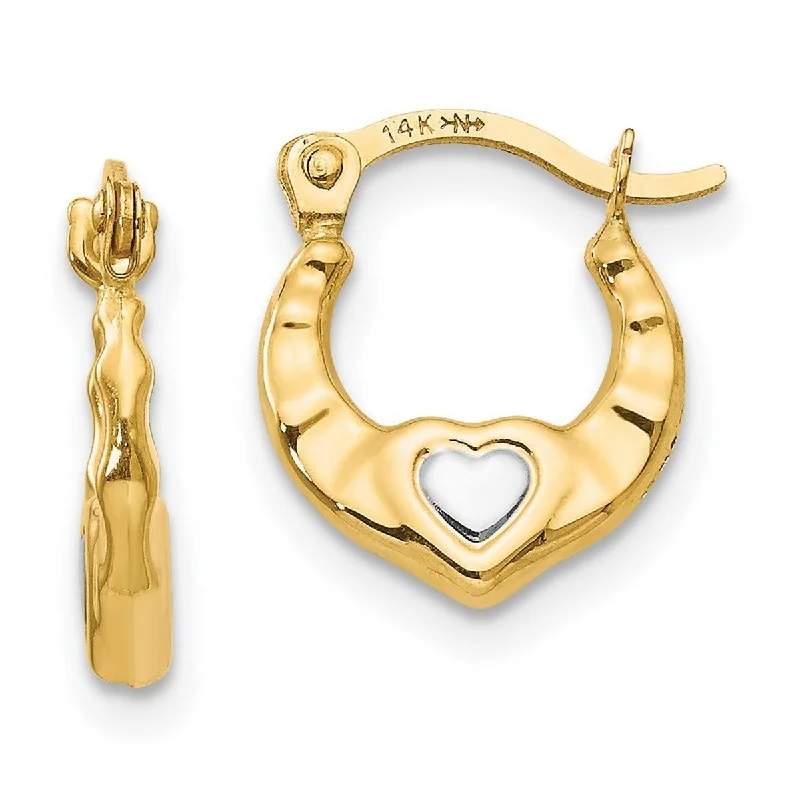 Curata 14k Yellow Gold and Rhodium Love Heart Hoop Earrings - 12x10mm Wide 2mm Thick