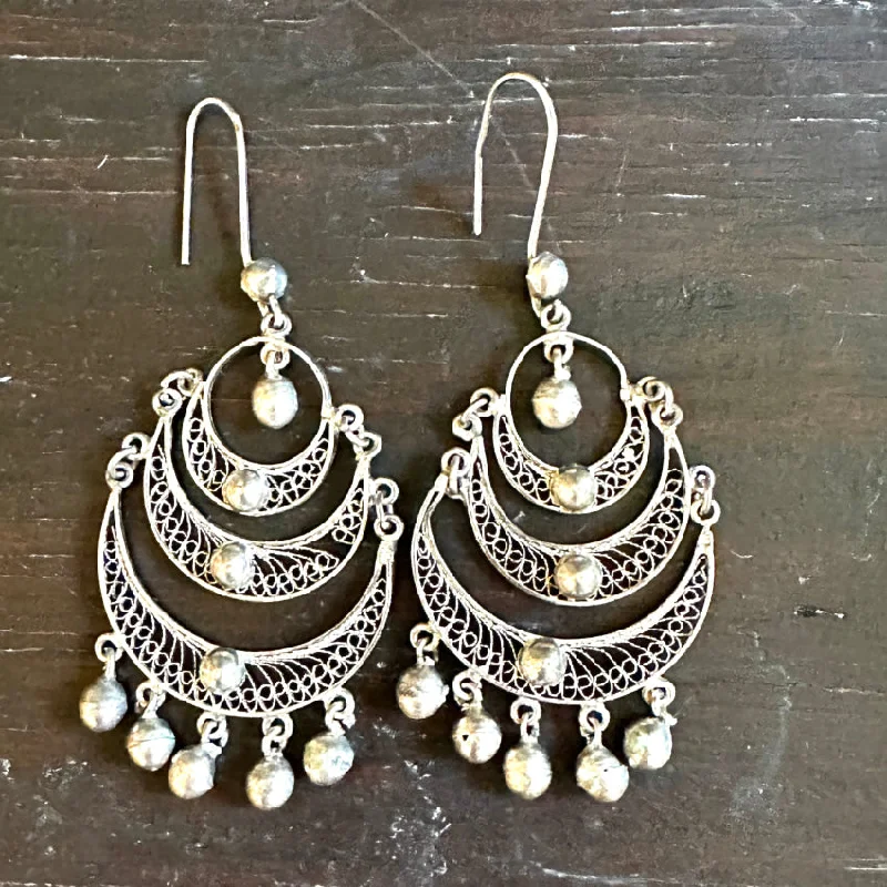 Vintage Sterling Silver Filigree Tiered Chandelier Shoulder Duster Pierced Earrings