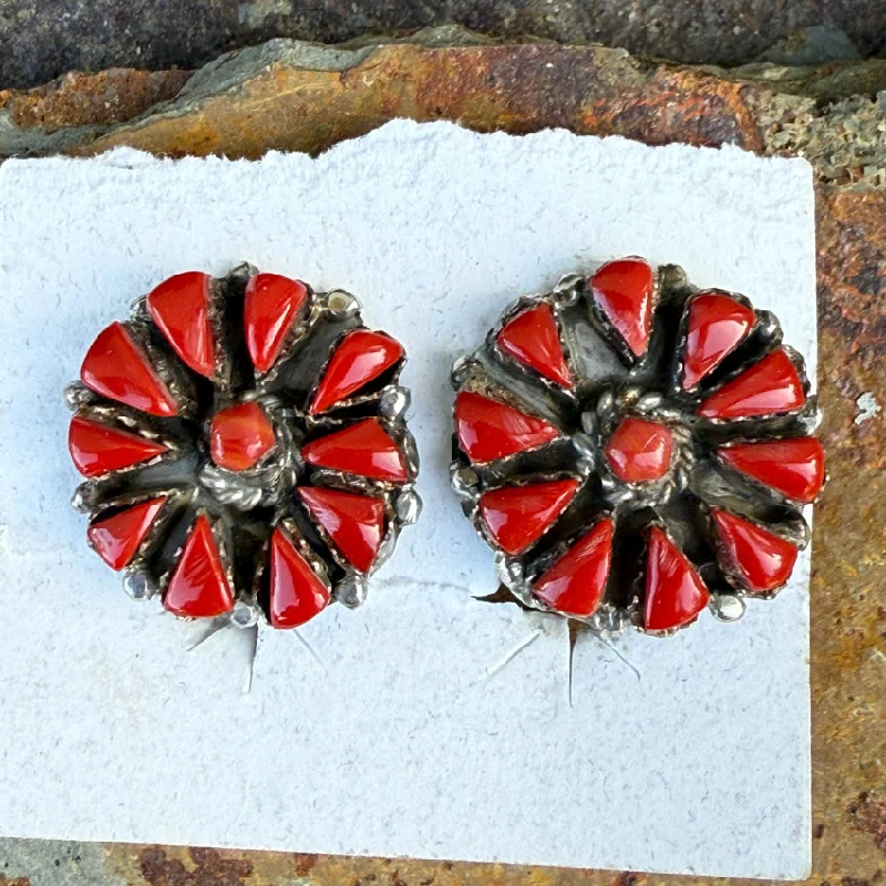 Vintage Zuni Sterling Silver & Red Coral Rosette Clip On Earrings