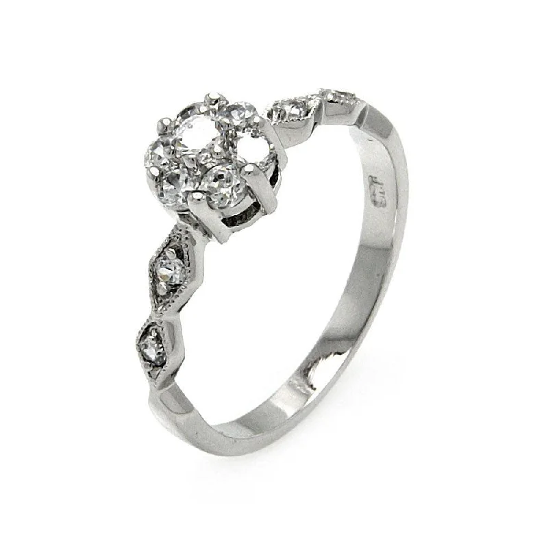 Silver 925 Rhodium Plated Diamond Shaped Sides Clear CZ Flower Ring - BGR00511