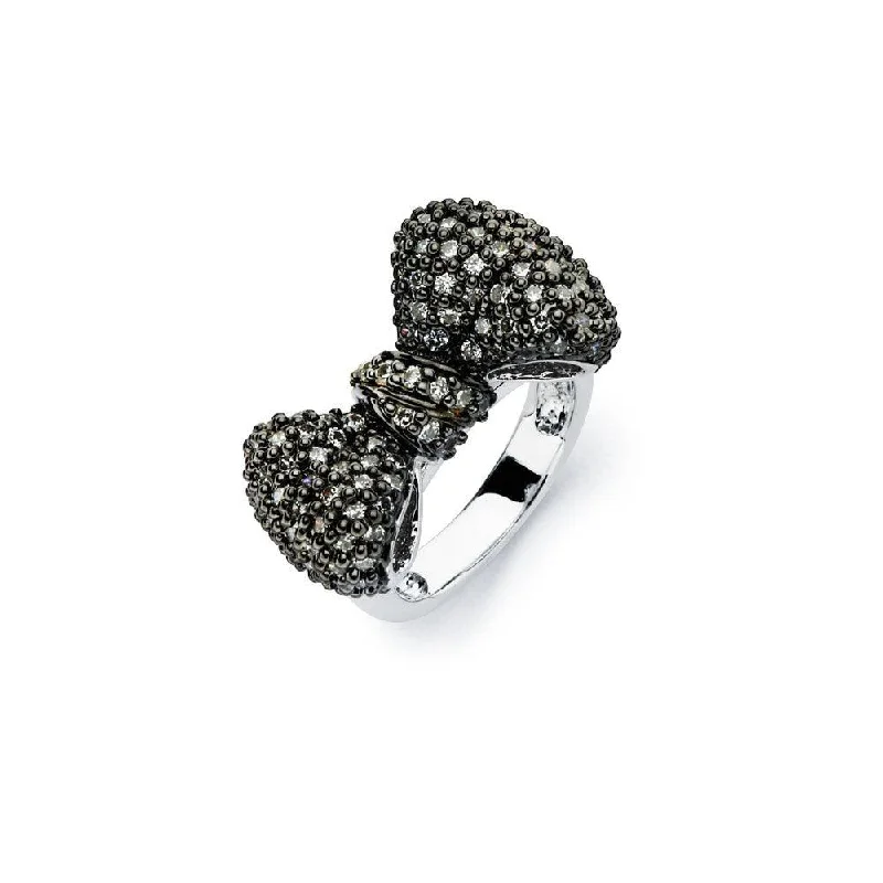 Silver 925 Rhodium and Black Rhodium Plated 2 Toned Black Micro Pave Set CZ Bow Ring - BGR00579