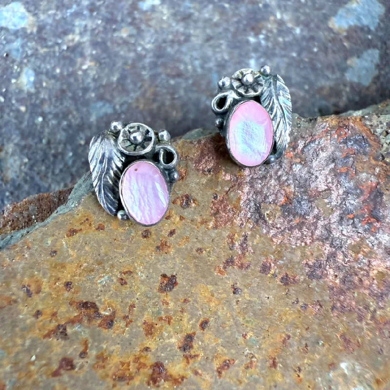 Vintage Navajo Sterling Silver Pink Mother-of-Pearl Stud Post Earrings