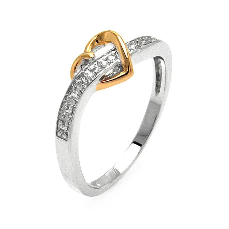 Silver 925 Rhodium and Gold Plated 2 Toned Clear Pave Set CZ Heart Ring - BGR00577