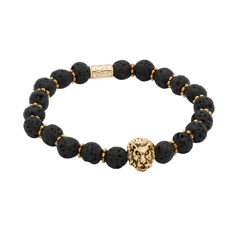 Manteca Gold Lion Black Lava Stone Beaded Bracelet