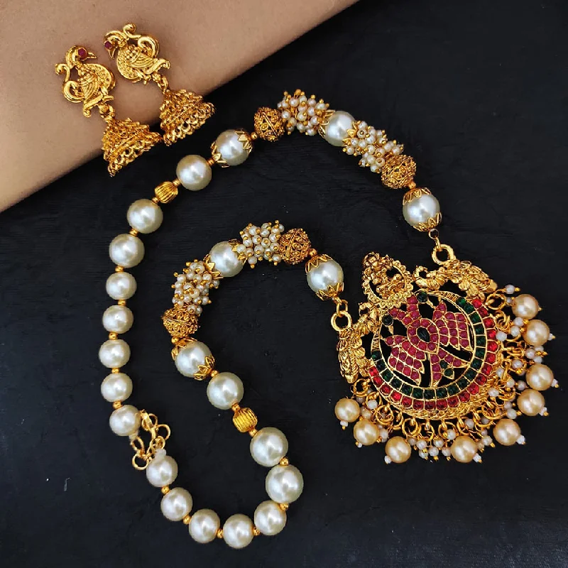 Heera Jewellers Gold Plated Pota Stone Temple Necklace Set