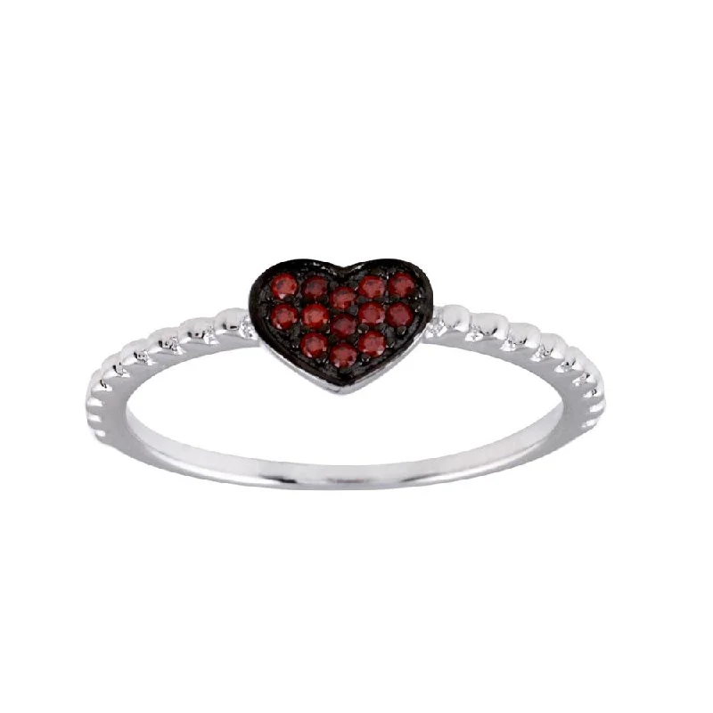 Rhodium Plated 925 Sterling Silver Beaded Heart Red CZ Ring - BGR01245RED