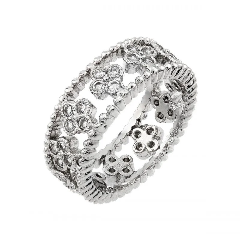 Silver 925 Rhodium Plated Eternity Rope 4 CZ Cluster Ring - BGR00893