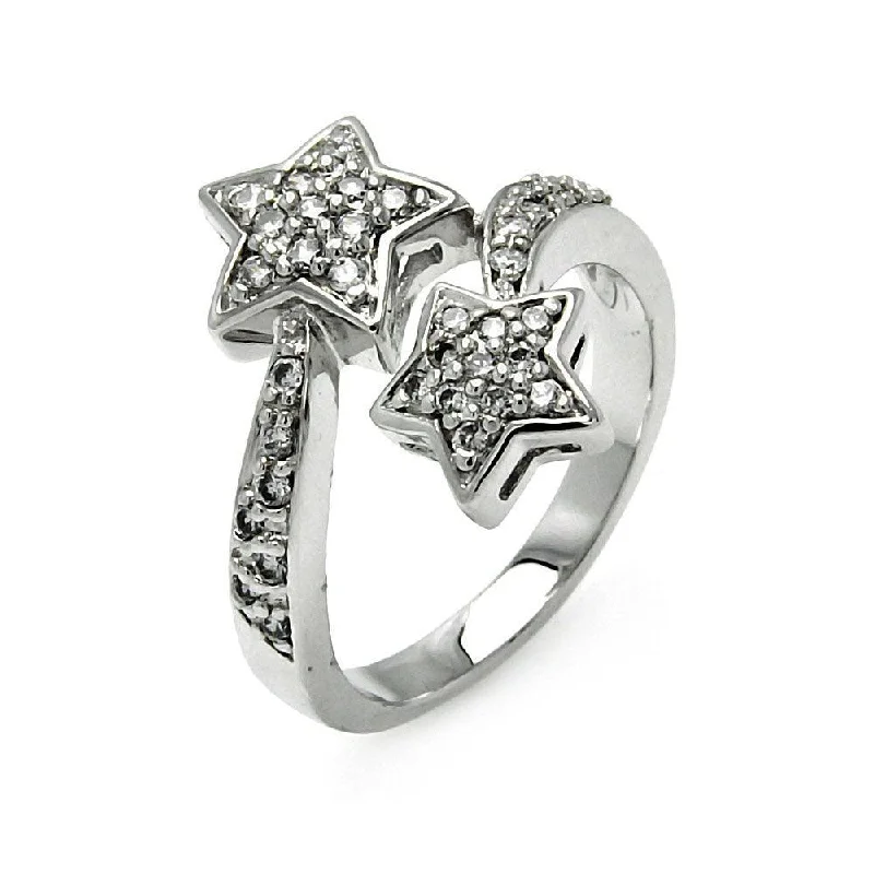 Silver 925 Rhodium Plated Double CZ Star Ring - STR00055