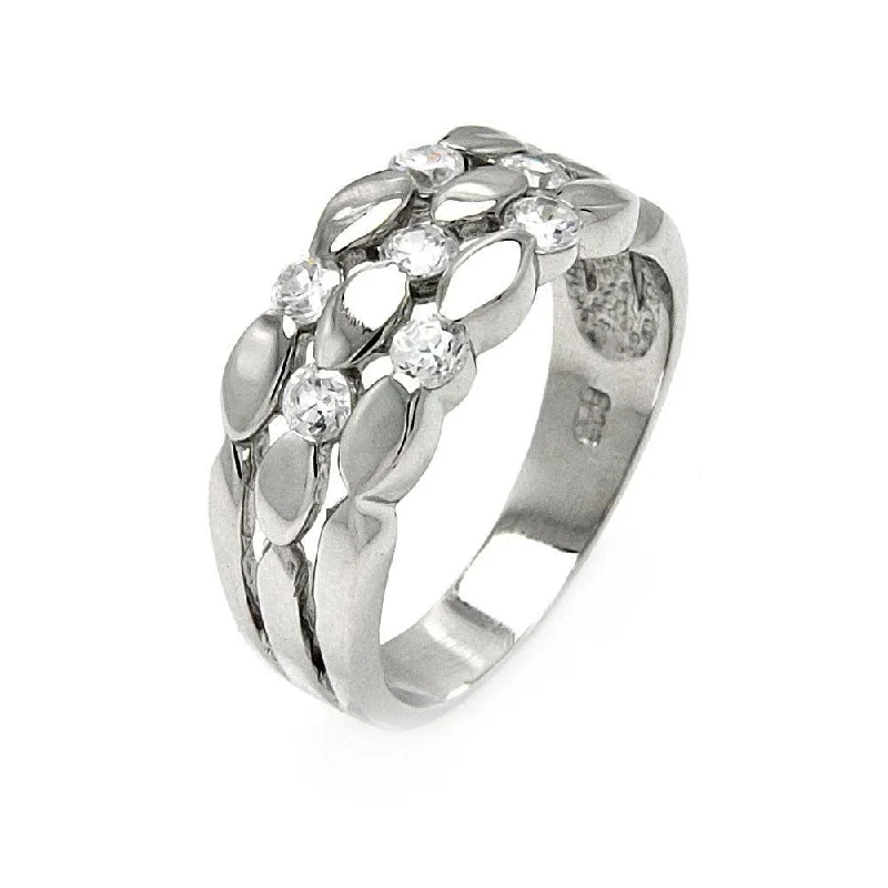 Silver 925 Rhodium Plated Clear CZ 3 Row Ring - BGR00480