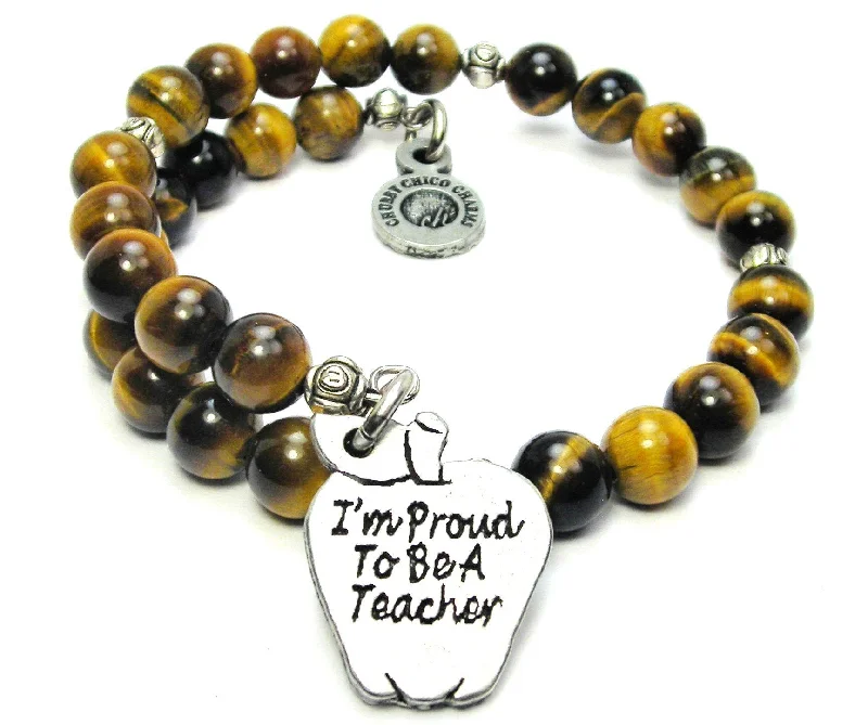 I'm Proud To Be A Teacher Tiger's Eye Glass Beaded Wrap Bracelet