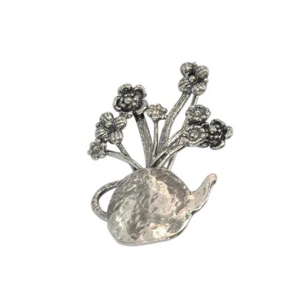 Silver Teapot Flower Brooch