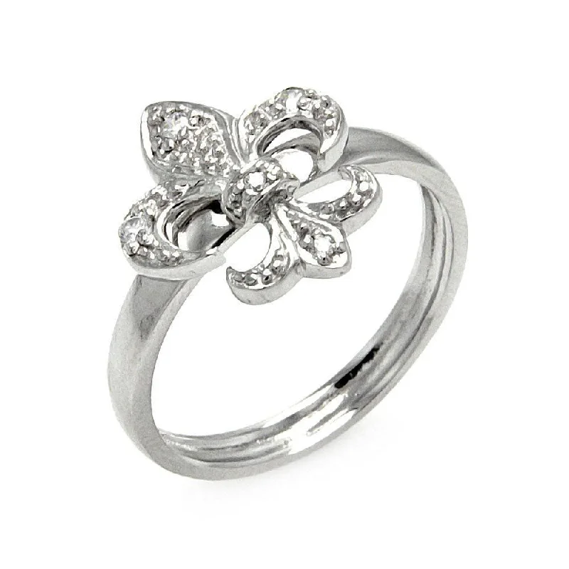 Silver 925 Rhodium Plated CZ Fleur De Lis Ring - STR00217